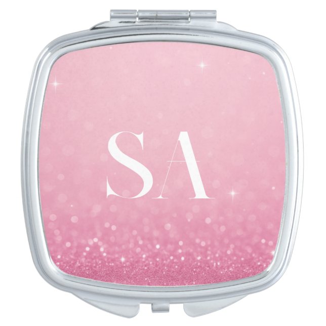 Pink Glitter Compact Mirror with Initials & Name (Front)