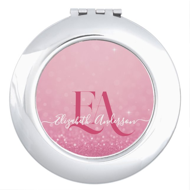 Pink Glitter Compact Mirror with Initials & Name (Front)