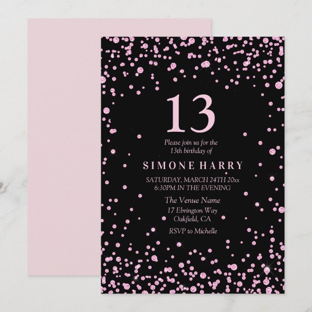 Pink Glitter Confetti 13th Birthday Party Invite (Front/Back)
