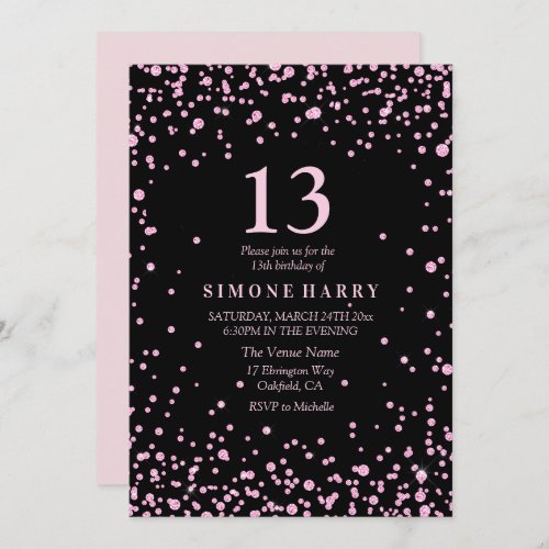 Pink Glitter Confetti 13th Birthday Party Invite