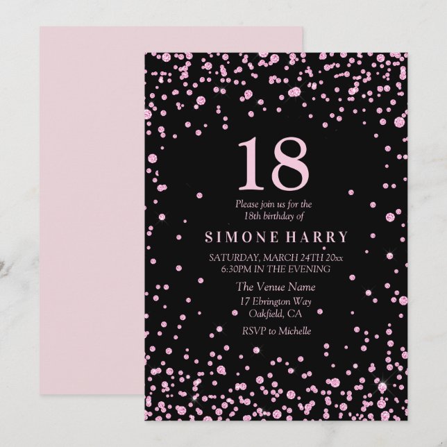 Pink Glitter Confetti 18th Birthday Party Invite (Front/Back)