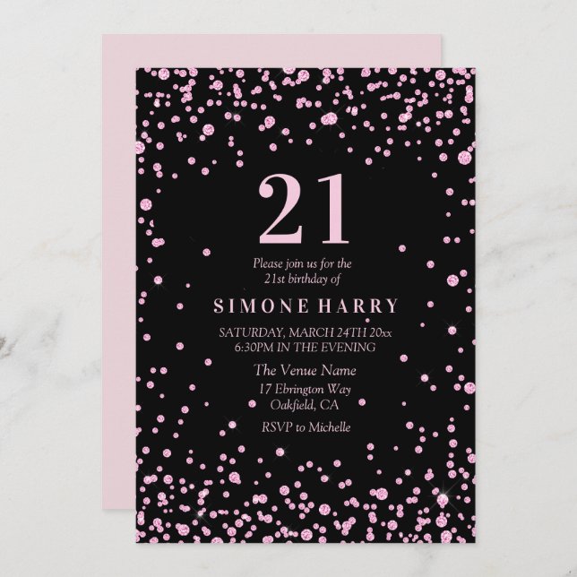 Pink Glitter Confetti 21st Birthday Party Invite (Front/Back)