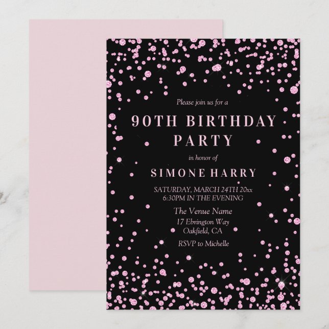 Pink Glitter Confetti 90th Birthday Party Invite (Front/Back)