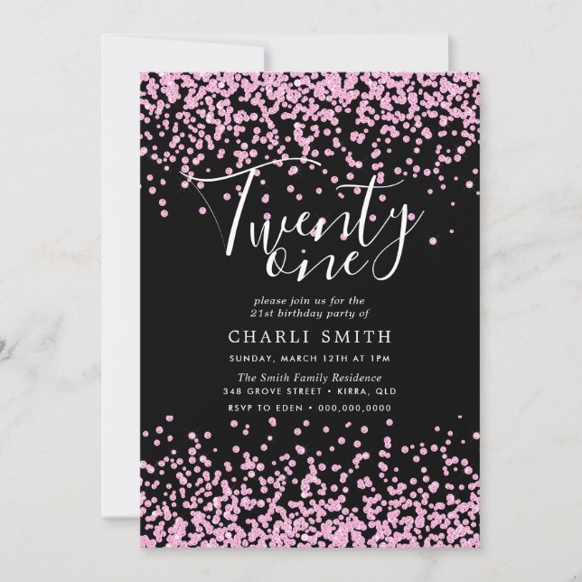 Pink Glitter Confetti Black 21st Birthday Invite (Front)