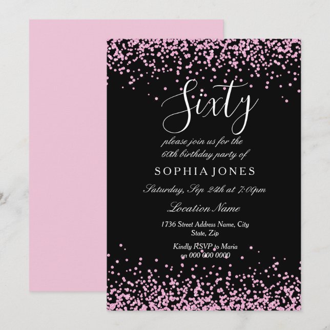 Pink Glitter Confetti Black 60th birthday party Invitation (Front/Back)