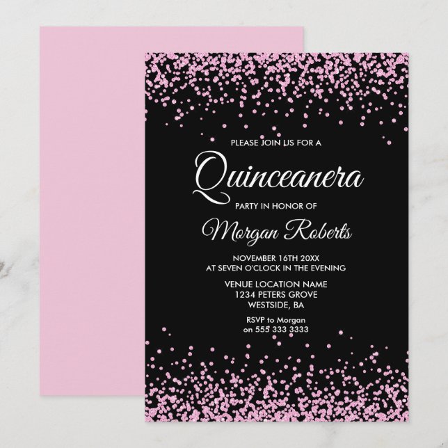 Pink Glitter Confetti Black Quinceanera Invite (Front/Back)