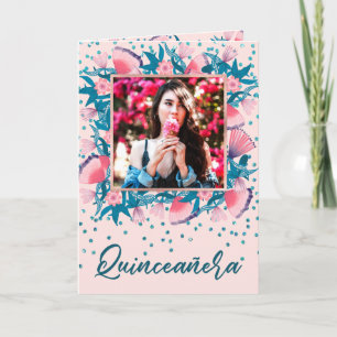 Pink Glitter Confetti Floral Español Quinceañera Invitation