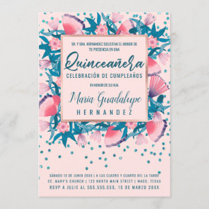 Pink Glitter Confetti Floral Español Quinceañera Invitation