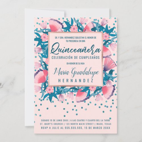 Pink Glitter Confetti Floral Espaol Quinceaera Invitation