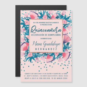 Pink Glitter Confetti Floral Español Quinceañera Magnetic Invitation