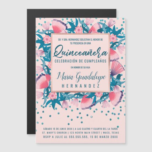 Pink Glitter Confetti Floral Espaol Quinceaera Magnetic Invitation