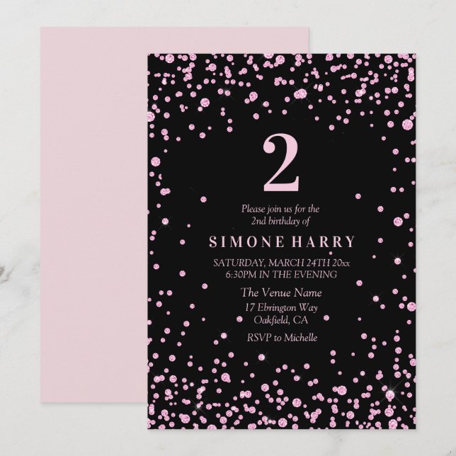 Pink Glitter Confetti Girls 2nd Birthday Invite (Front/Back)