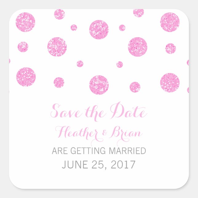 Pink Glitter Confetti Save the Date Stickers (Front)