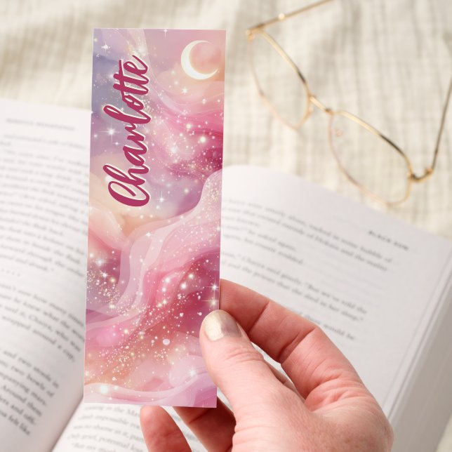 Pink Glitter Crescent Moon Personalized Bookmarks (Hand)
