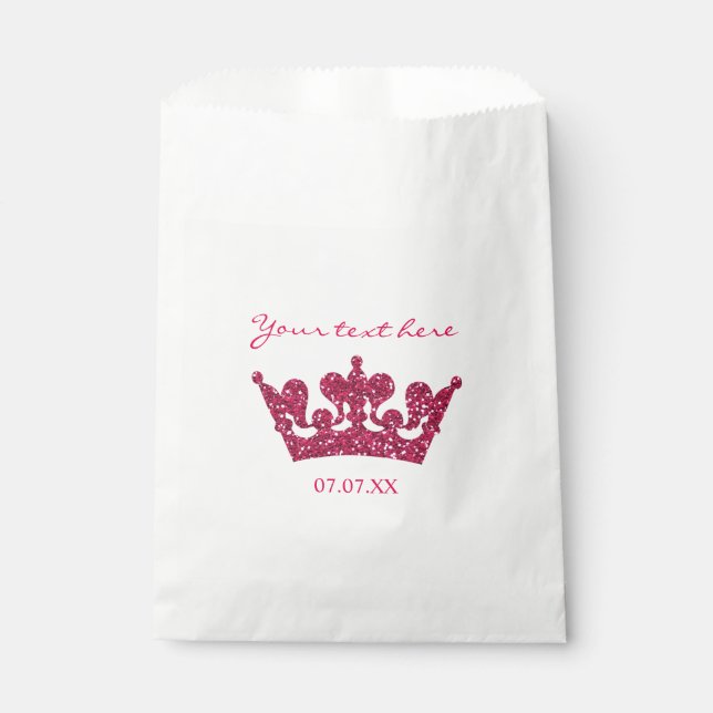 Pink Glitter Crown Birthday Party Favor Bags (Front)