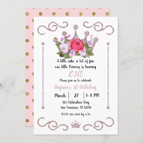 Pink Glitter Crown Floral ONE 1st Birthday Party Invitation