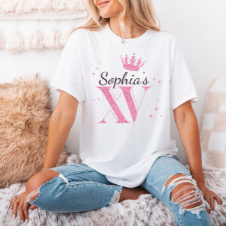 Pink Glitter Crown Mis Quince XV Quinceanera Party T-Shirt