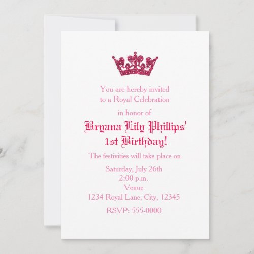 Pink Glitter Crown Princess Birthday Invitation