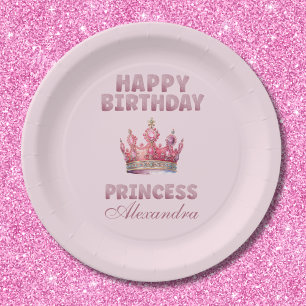 Pink Glitter Crown Princess Fairytale Birthday Paper Plates