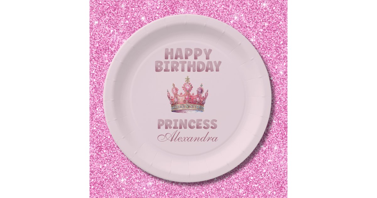Pink Glitter Crown Princess Fairytale Birthday Paper Plates | Zazzle
