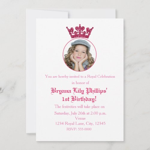 Pink Glitter Crown Royal Birthday Photo Invitation