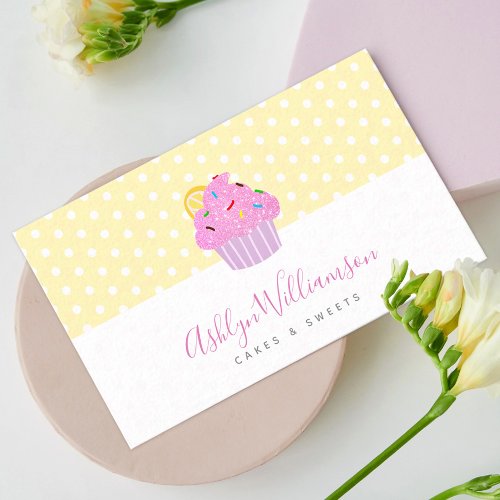 Pink Glitter Cupcake Bakery Pastry Chef on Yellow Business Card