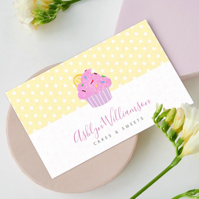 Pink Glitter Cupcake Bakery Pastry Chef on Yellow Business Card (Creator Uploaded)