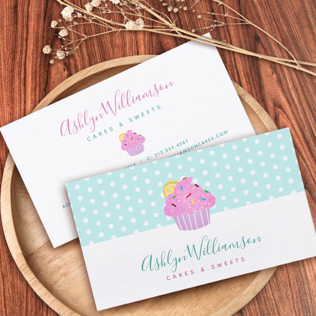 Pink Glitter Cupcake Bakery Pastry Chef Turquoise Business Card (Creator Uploaded)