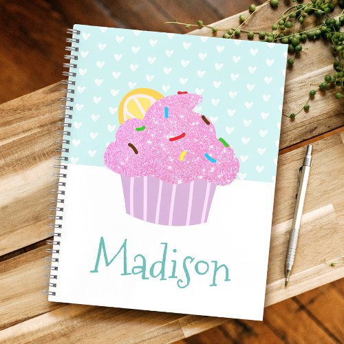 Pink Glitter Cupcake on Turquoise with Hearts Name Notebook