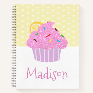 Pink Glitter Cupcake on Yellow White Hearts Name Notebook