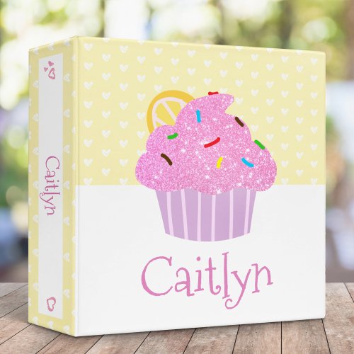 Pink Glitter Cupcake on Yellow with Hearts Name 3 Ring Binder
