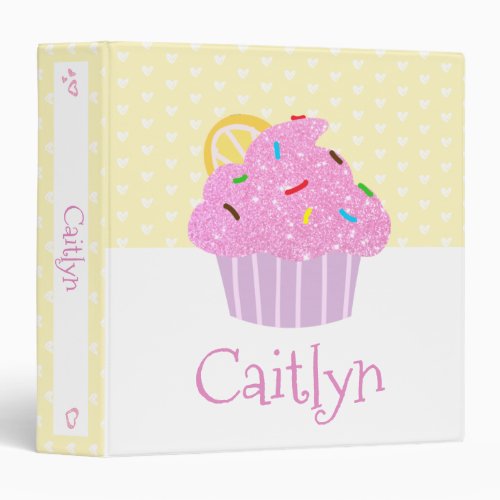 Pink Glitter Cupcake on Yellow with Hearts Name 3 Ring Binder