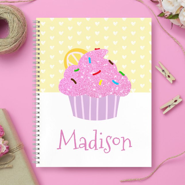 Pink Glitter Cupcake White Hearts on Yellow Name Notebook (Creator Uploaded)