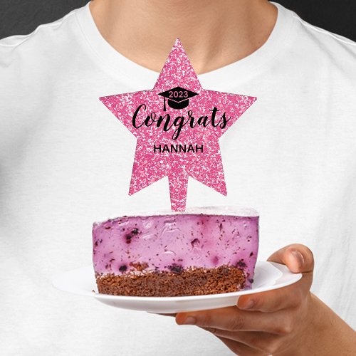 Pink Glitter Custom Name Girl Graduation Star Cake Topper