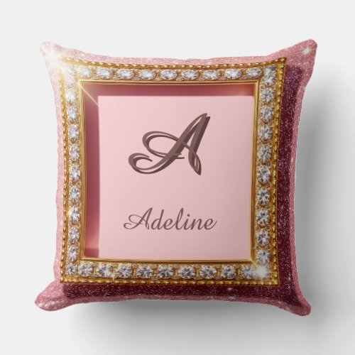 Pink Glitter Custom name Monogram Throw Pillow