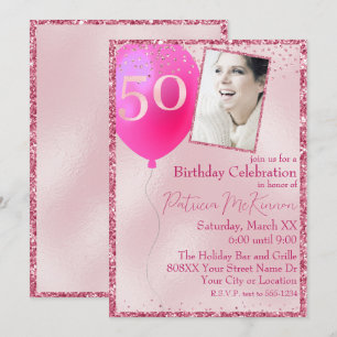 Pink Glitter Custom Photo 50th Birthday Invitation