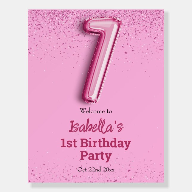 Pink glitter cute balloon no.1 girly 1st birthday foam board (Front)