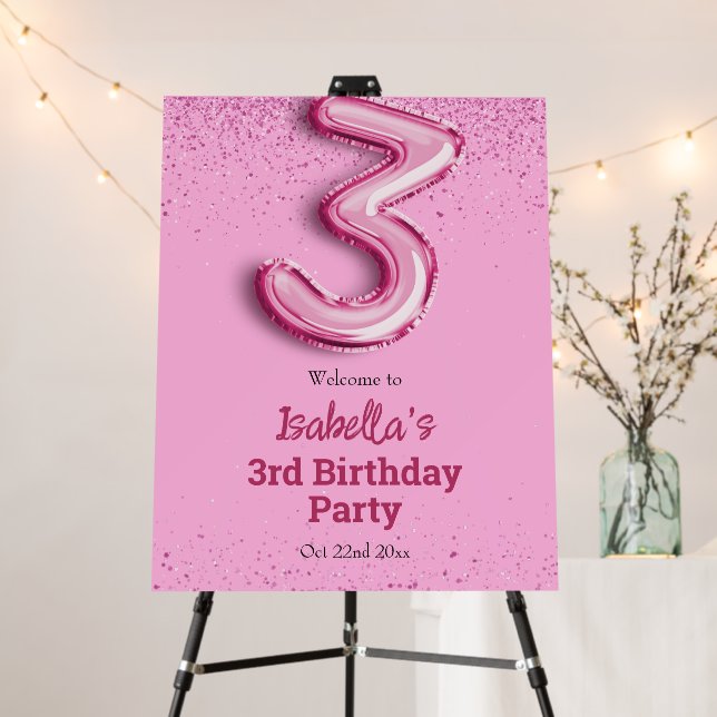 Pink glitter cute balloon no.3 girly 3rd birthday foam board (In Situ (Stand))