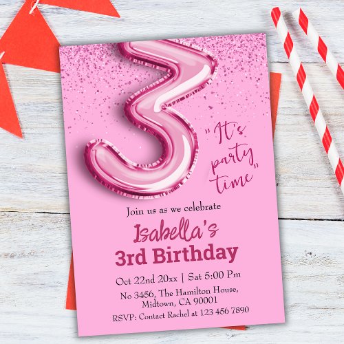 Pink glitter cute balloon no3 girly 3rd birthday invitation