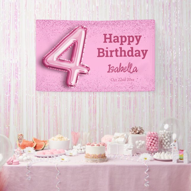 Pink glitter cute balloon no.4 girly 4th birthday banner (Party)
