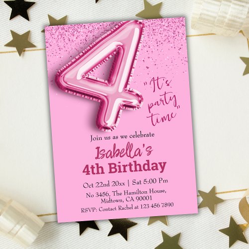Pink glitter cute balloon no4 girly 4th birthday invitation
