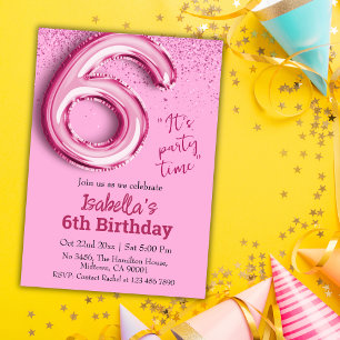 Pink glitter cute balloon no.6 girly 6th birthday  invitation