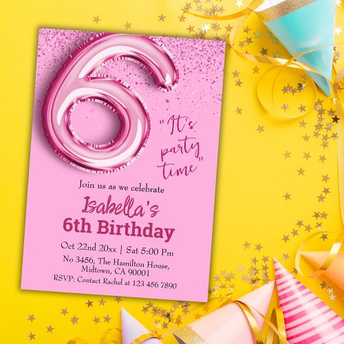 Pink glitter cute balloon no6 girly 6th birthday  invitation