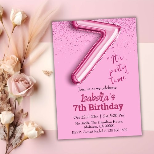 Pink glitter cute balloon no7 girly 7th birthday invitation