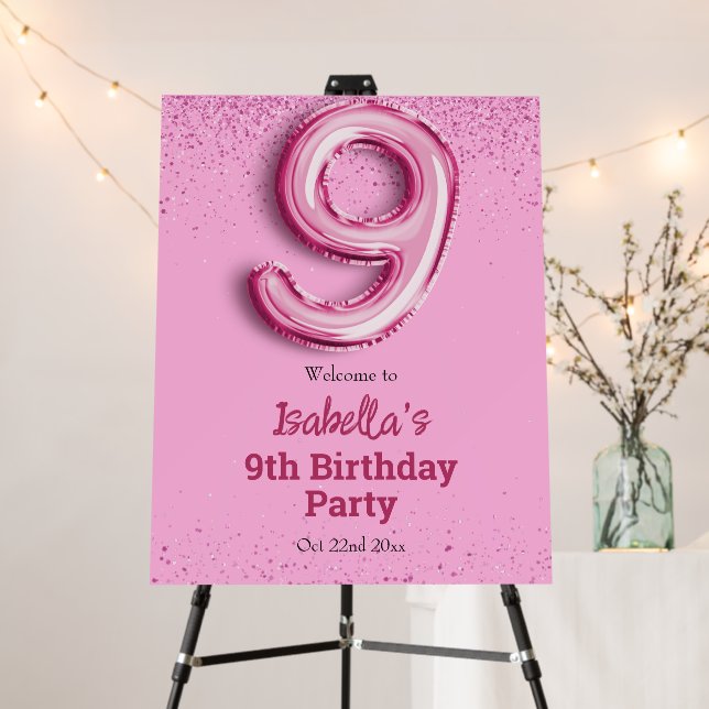 Pink glitter cute balloon no.9 girly 9th birthday foam board (In Situ (Stand))