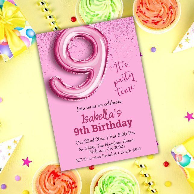 Pink glitter cute balloon no.9 girly 9th birthday invitation (Creator Uploaded)