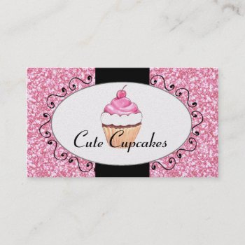 Pink Glitter Cute Cupcake Bakery Business Card by CoutureBusiness at Zazzle