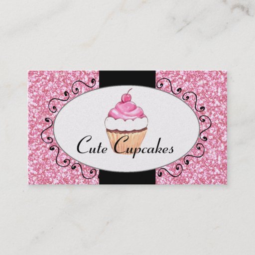 Customizable Pink Glitter Cute Cupcake Bakery Business Cards