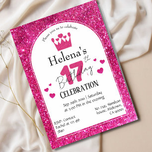 Pink glitter cute vibrant sparkling 17th birthday invitation