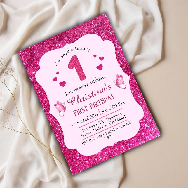 Pink glitter cute vibrant sparkling 1st birthday invitation (Creator Uploaded)
